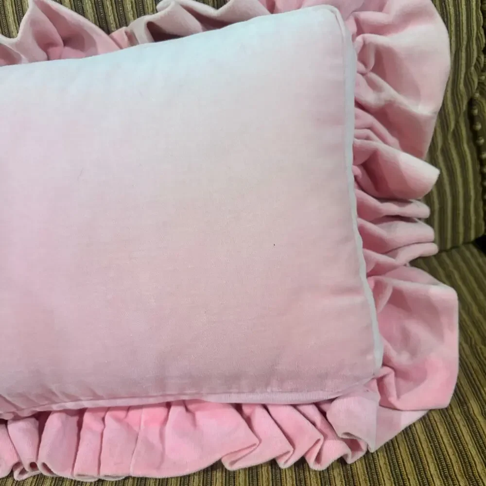 Grandmillennial Dachshund Needlepoint Accent Pillow Pink Velvet Ruffle Handmade